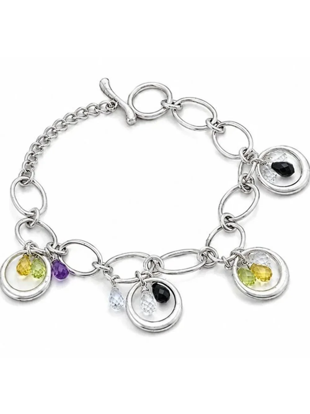 Garnet, Amethyst, W/Sapphires & Yellow Topaz Charm Bracelet .925 Silver